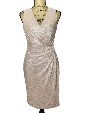 Sleeveless Shimmer Wrap-Front Sheath Dress in Light Champagne RALPH LAUREN 6 Nwt